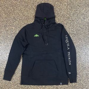 Black and green New Era fleece hoodie with Patron Tequila Logos